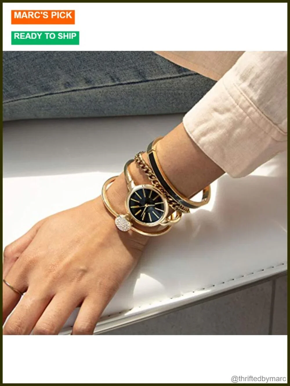 Gold-tone Bangle Watch & Bracelet Set with Crystals
